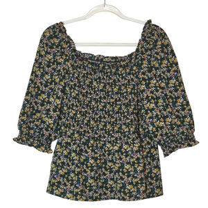 Max Studio Smocked Floral Peplum Top Blue Pink Yellow 3/4 L Boho Cottagecore
